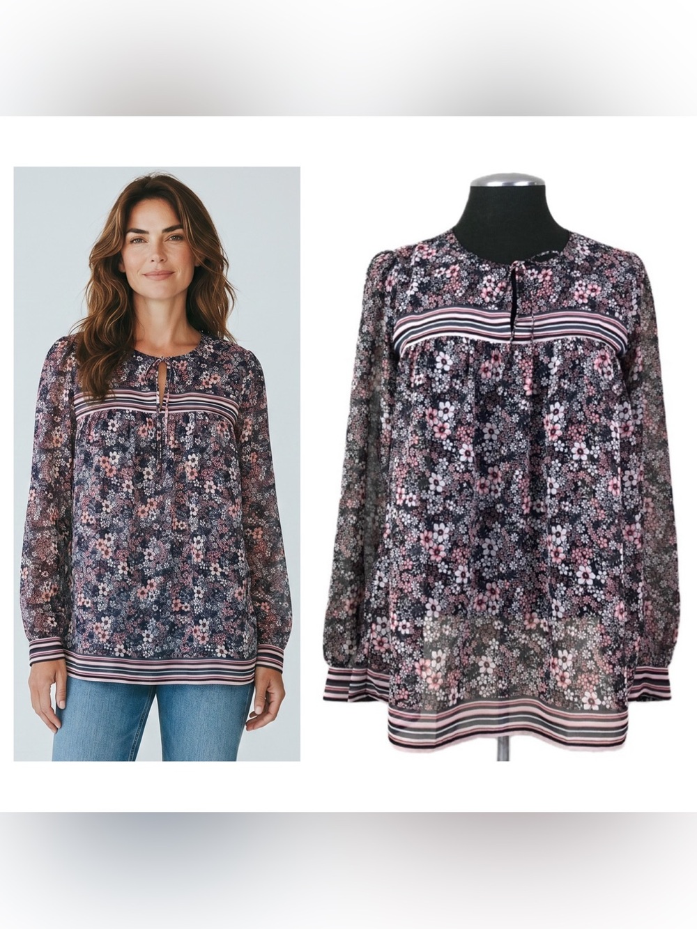 🆕 LOFT Outlet - Floral and Stripe Tie Front Peasant Blouse - Extra Small XS